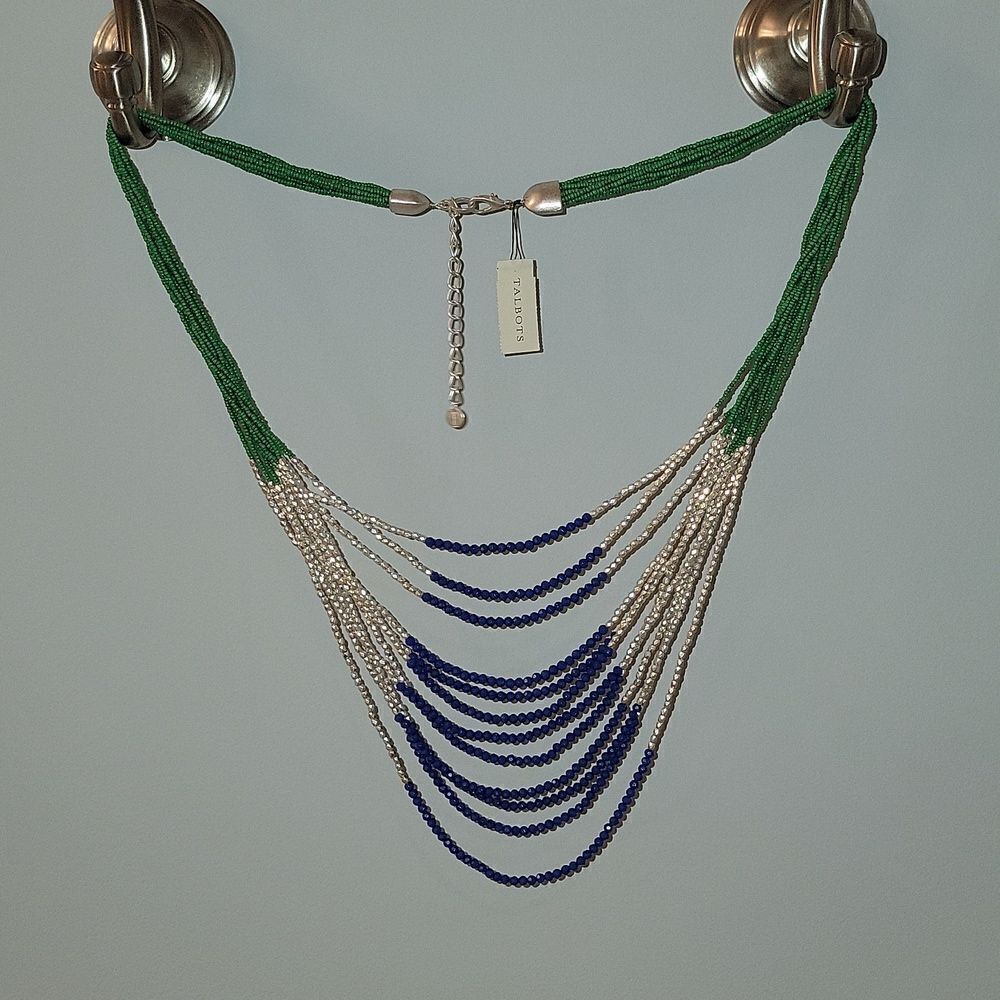 New TALBOTS Colorful Long Beaded Necklace ~ Green Blue Silver Beads $69.50